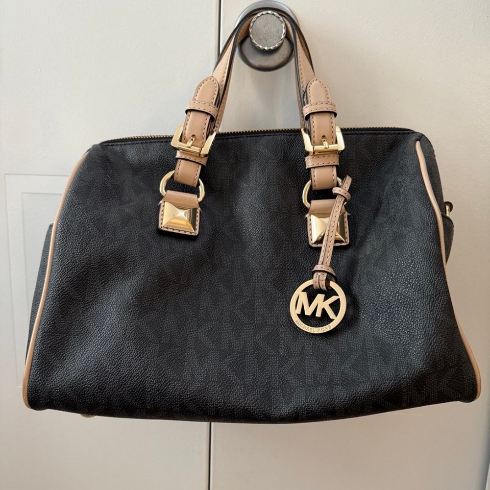 Michael Kors Black and Tan Grayson Satchel with Gold Accents
